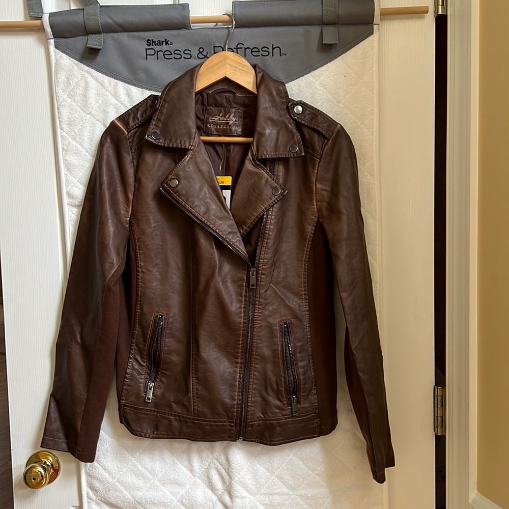 Selby Collection Women's Jackets Faux Leather Moto Biker Jacket, Brown, Size M